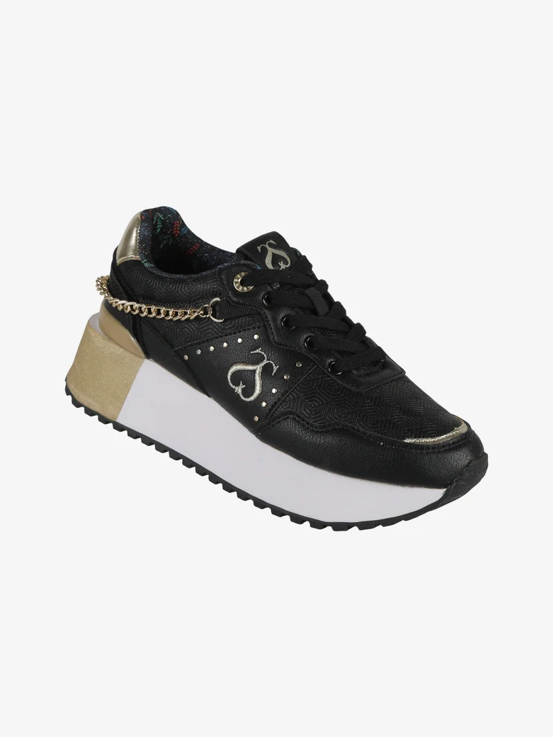 DEBORA LEATHER Sneakers donna con flatform e catena - nero