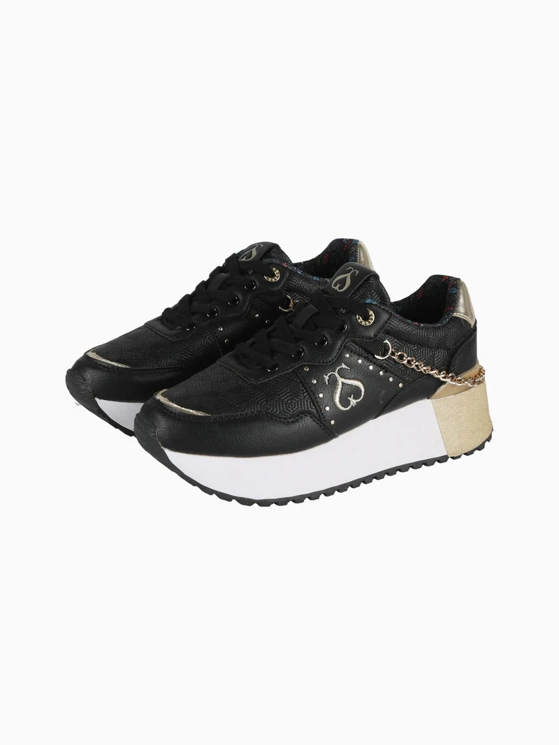 DEBORA LEATHER Sneakers donna con flatform e catena - nero