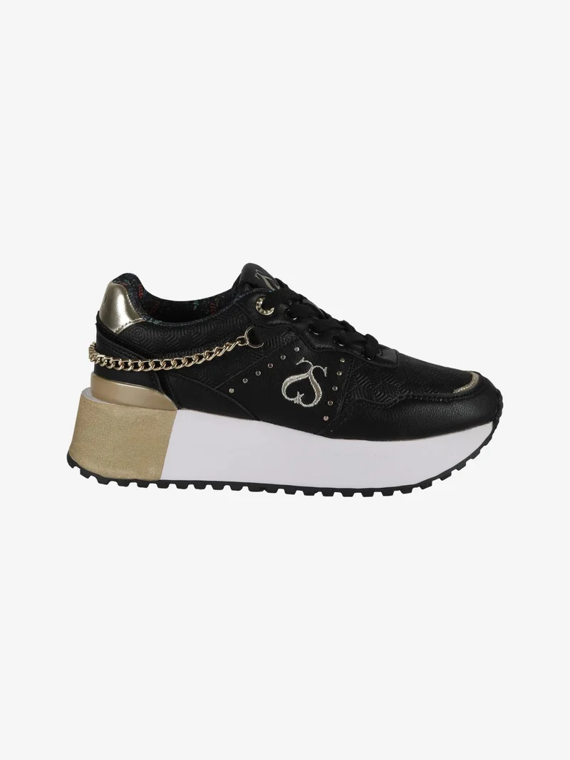 DEBORA LEATHER Sneakers donna con flatform e catena - nero