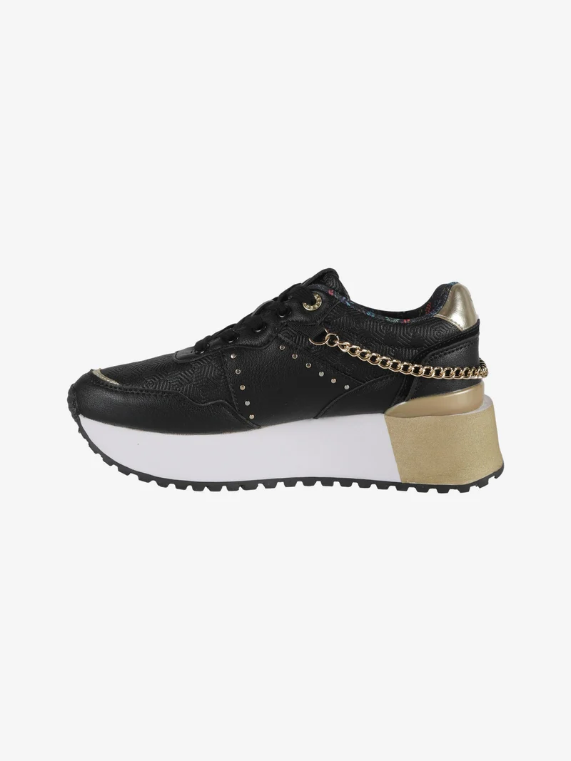 DEBORA LEATHER Sneakers donna con flatform e catena - nero