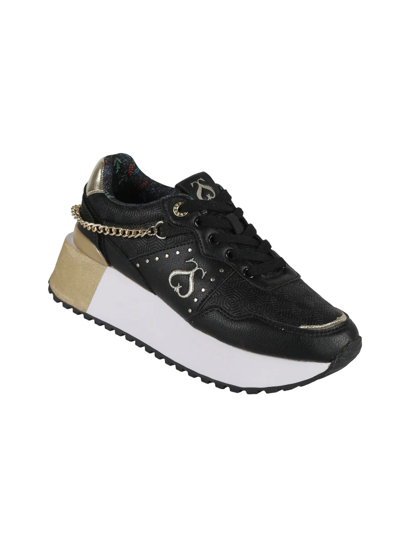 DEBORA LEATHER Sneakers donna con flatform e catena - nero