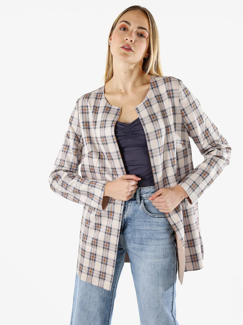 Blazer donna aperto in tessuto scamosciato con stampe a quadri - fango