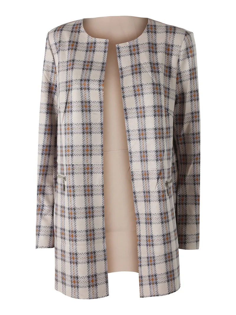 Blazer donna aperto in tessuto scamosciato con stampe a quadri - fango