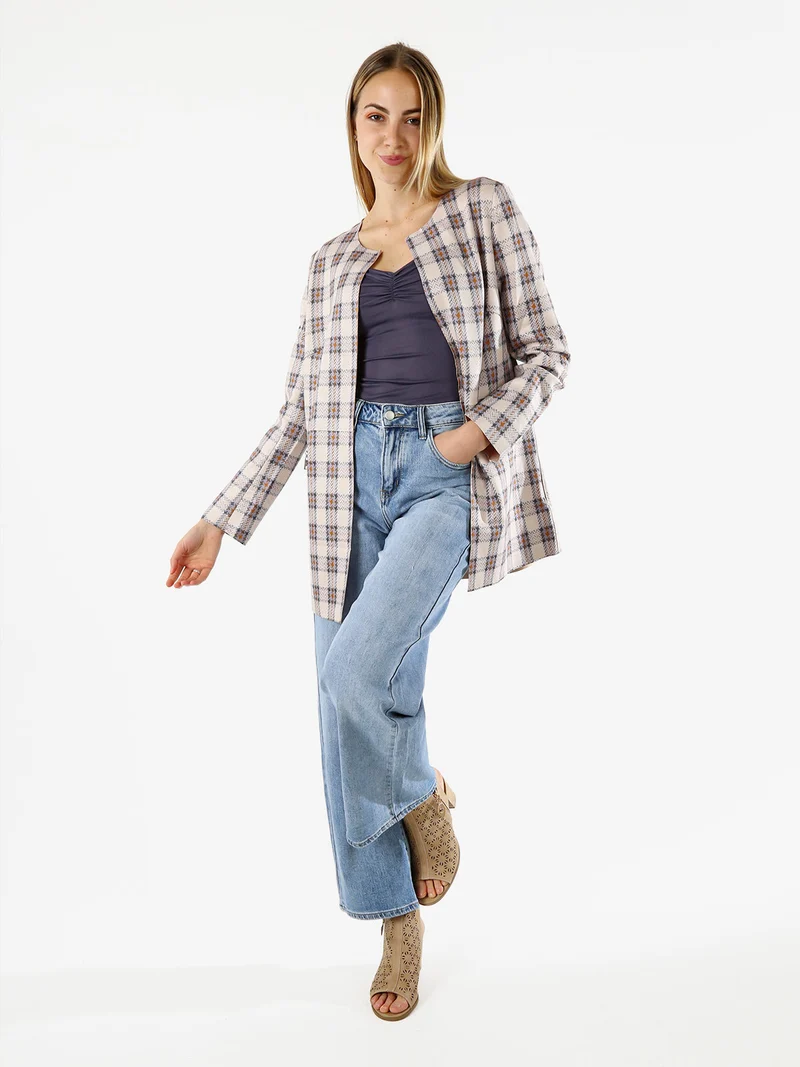 Blazer donna aperto in tessuto scamosciato con stampe a quadri - fango