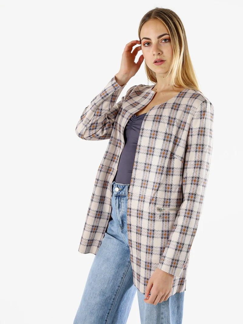 Blazer donna aperto in tessuto scamosciato con stampe a quadri - fango