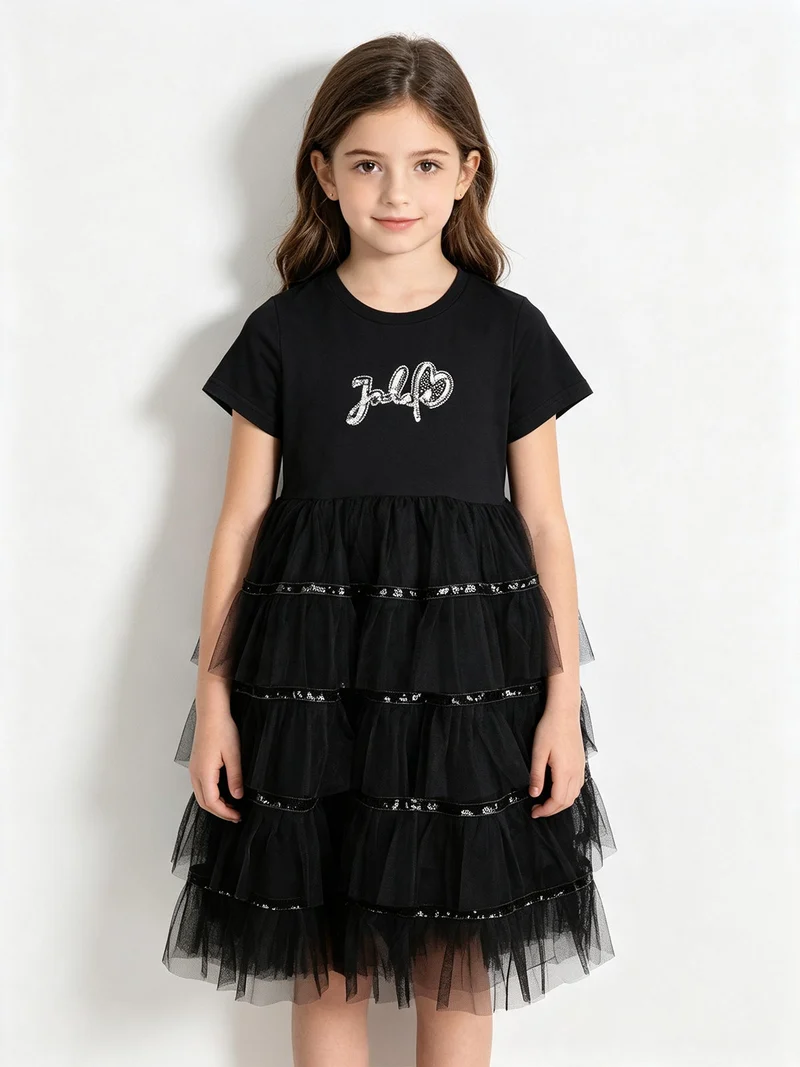 Abito da bambina a maniche corte con gonna in tulle e paillettes - nero