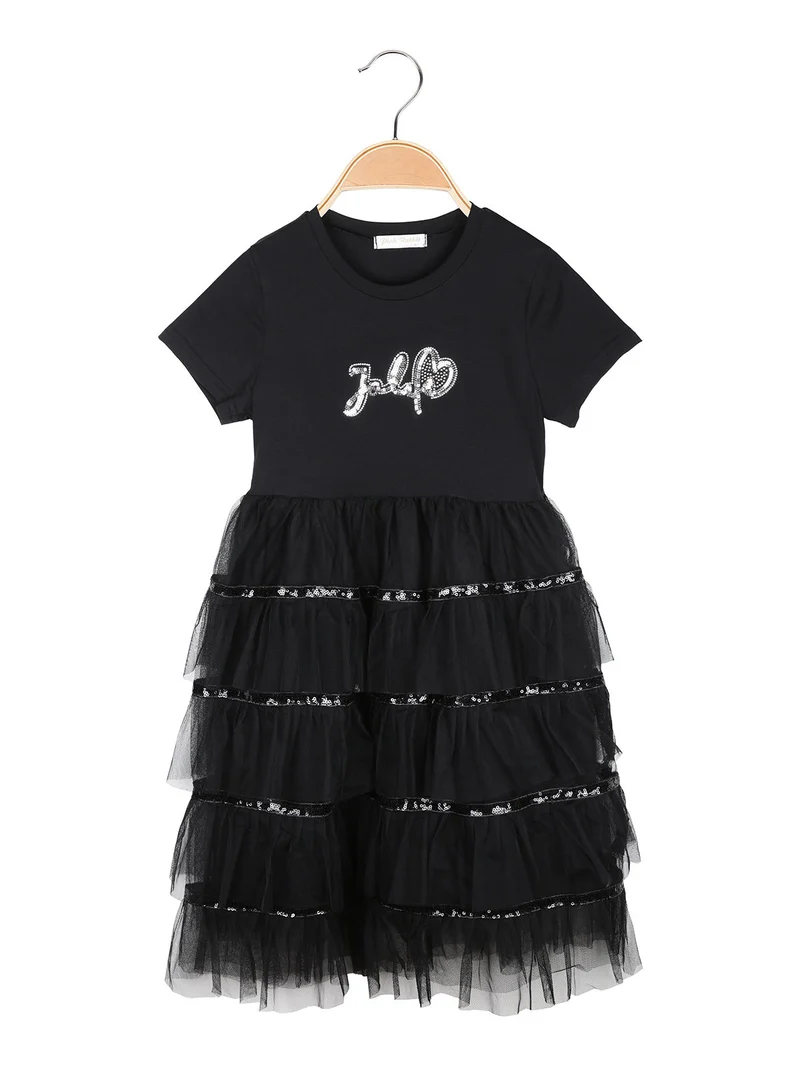 Abito da bambina a maniche corte con gonna in tulle e paillettes - nero