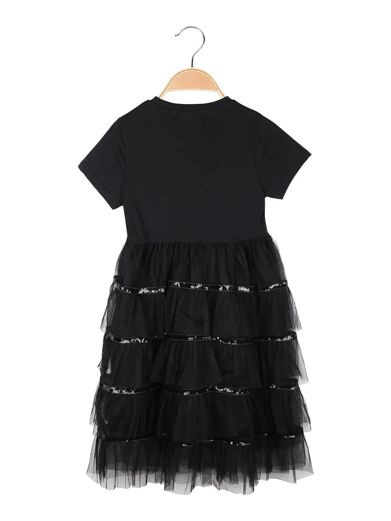 Abito da bambina a maniche corte con gonna in tulle e paillettes - nero