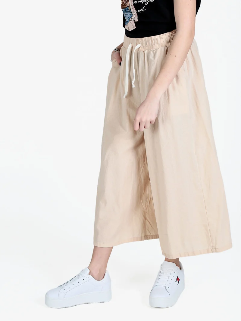 Pantaloni culotte da donna in cotone con coulisse - beige
