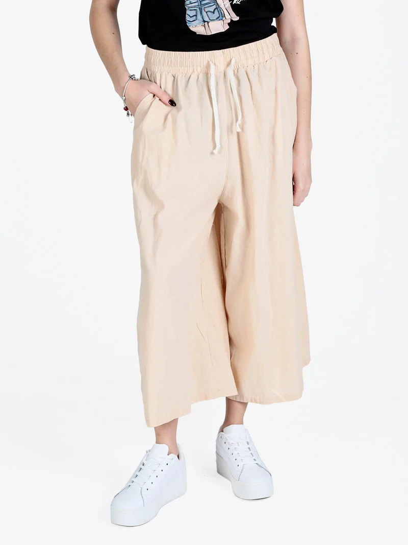 Pantaloni culotte da donna in cotone con coulisse - beige