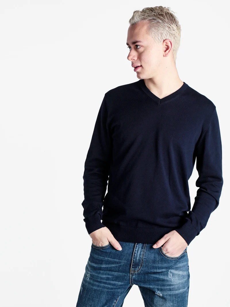 Pullover da uomo in maglia scollo V - blu scuro