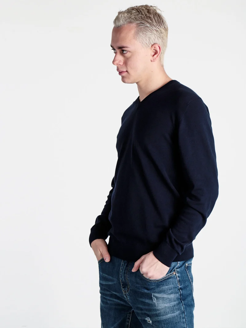 Pullover da uomo in maglia scollo V - blu scuro