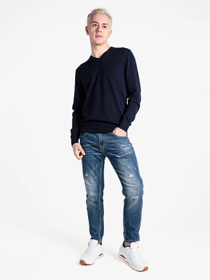 Pullover da uomo in maglia scollo V - blu scuro