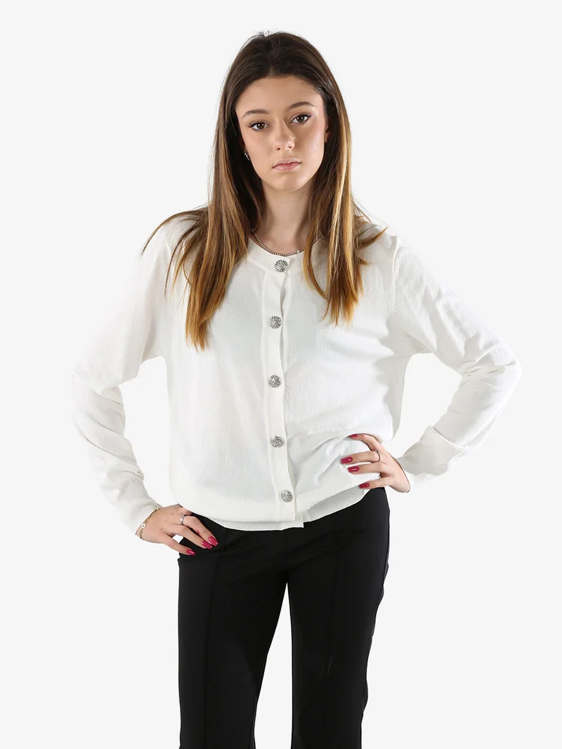 Cardigan donna in maglia con bottoni gioiello - bianco