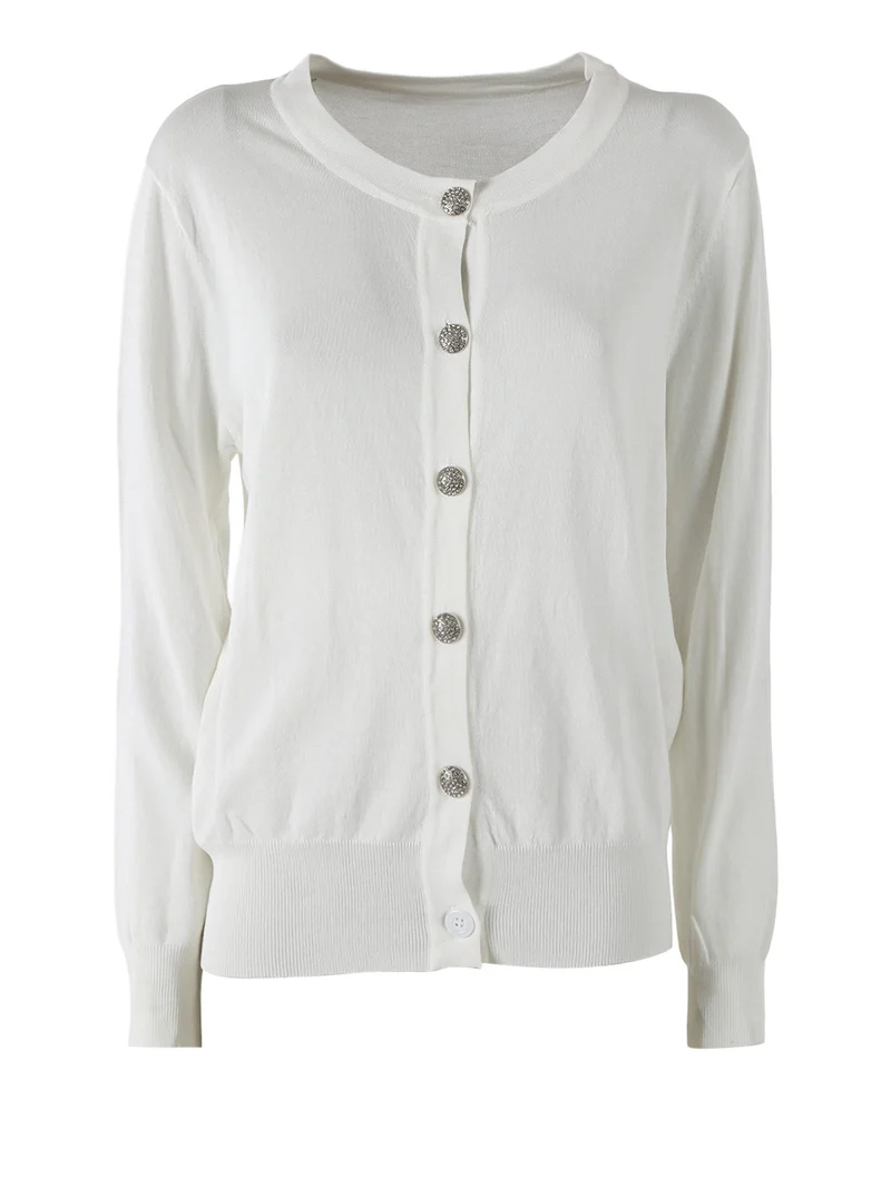 Cardigan donna in maglia con bottoni gioiello - bianco