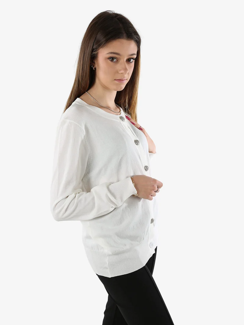 Cardigan donna in maglia con bottoni gioiello - bianco