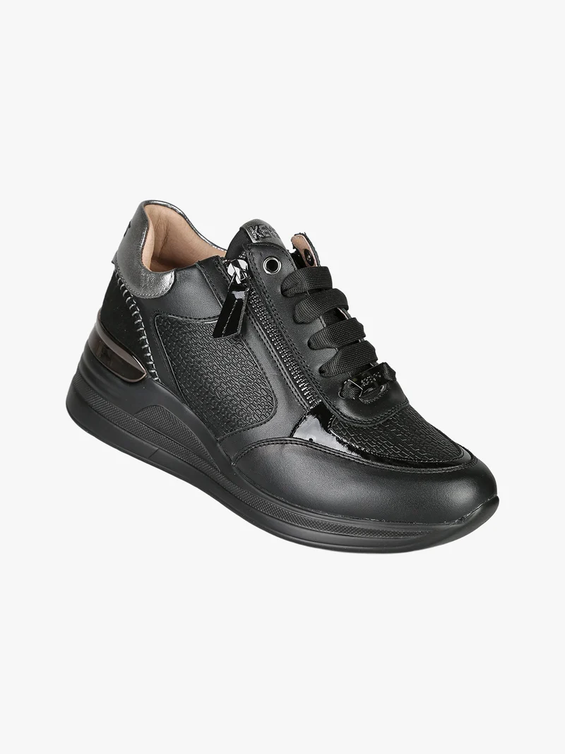 Sneakers donna in pelle con zip e zeppa - nero