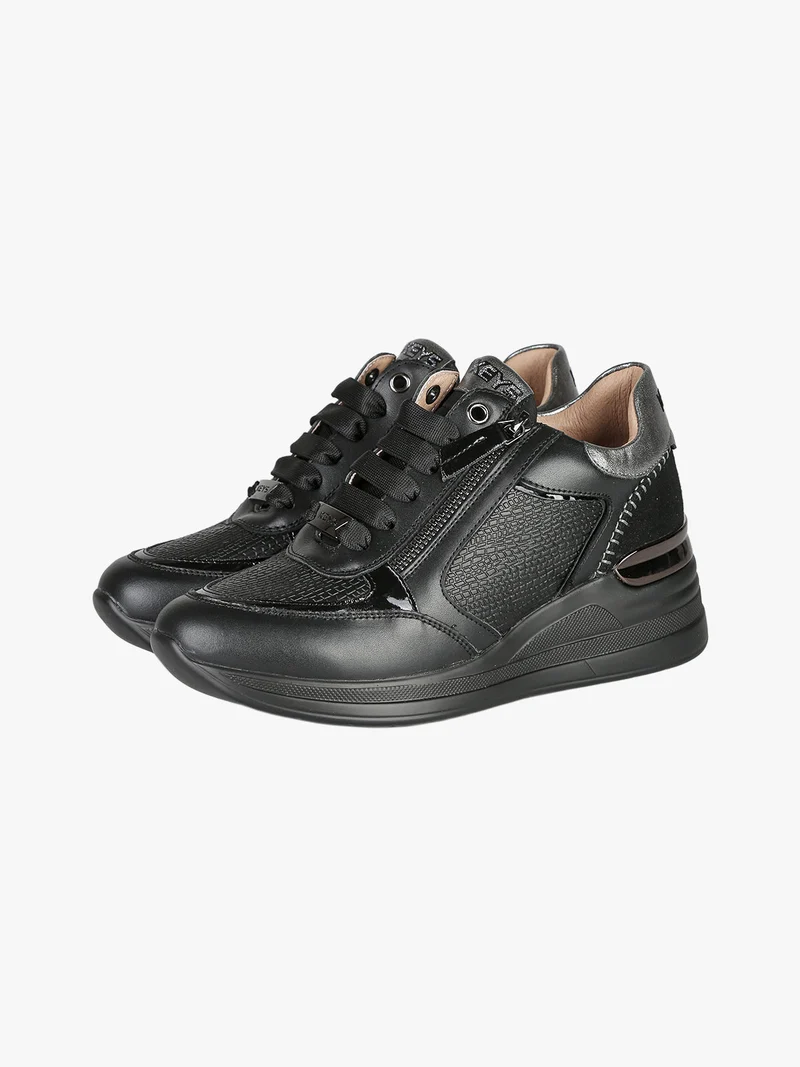 Sneakers donna in pelle con zip e zeppa - nero