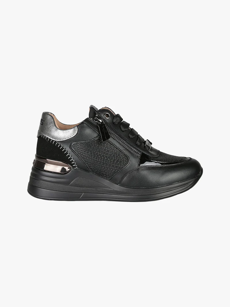 Sneakers donna in pelle con zip e zeppa - nero