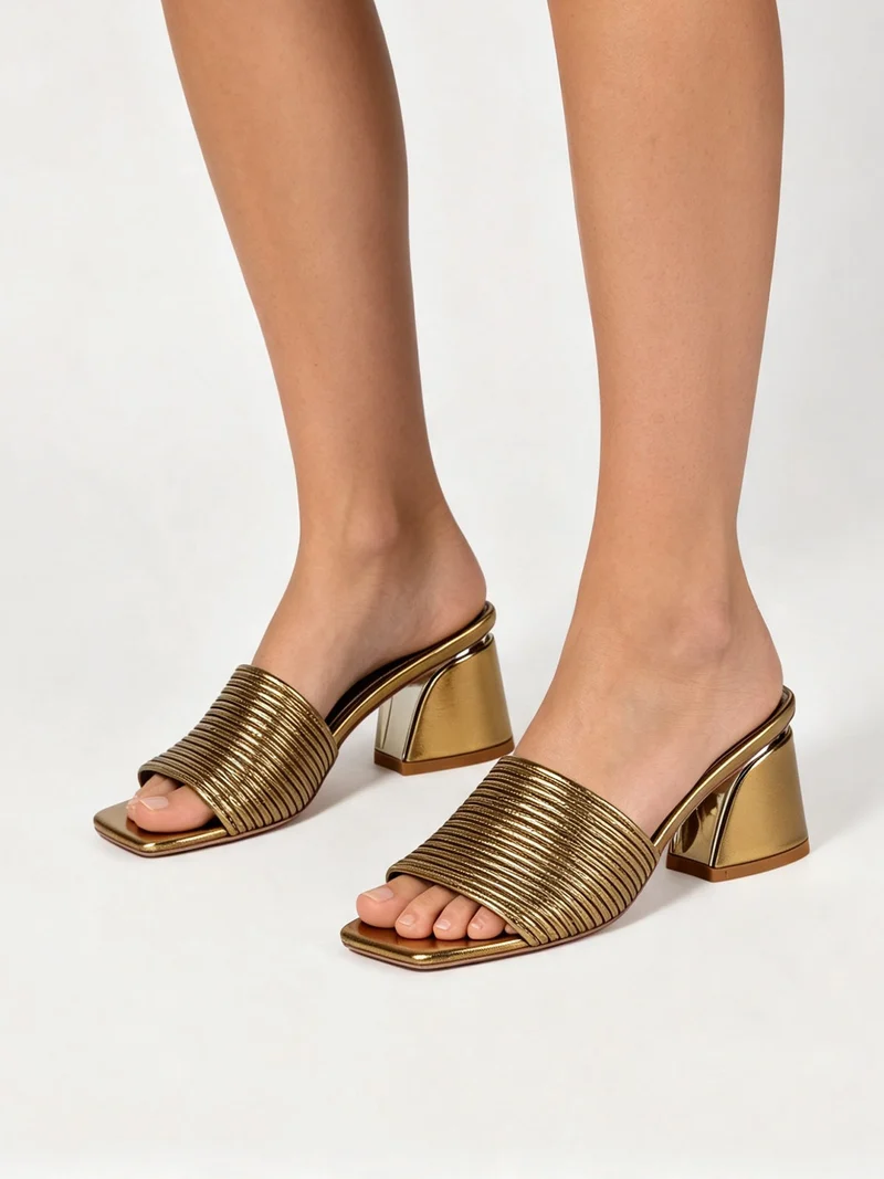 Ciabatte donna con tacco largo a trapezio e fascia decorativa - oro
