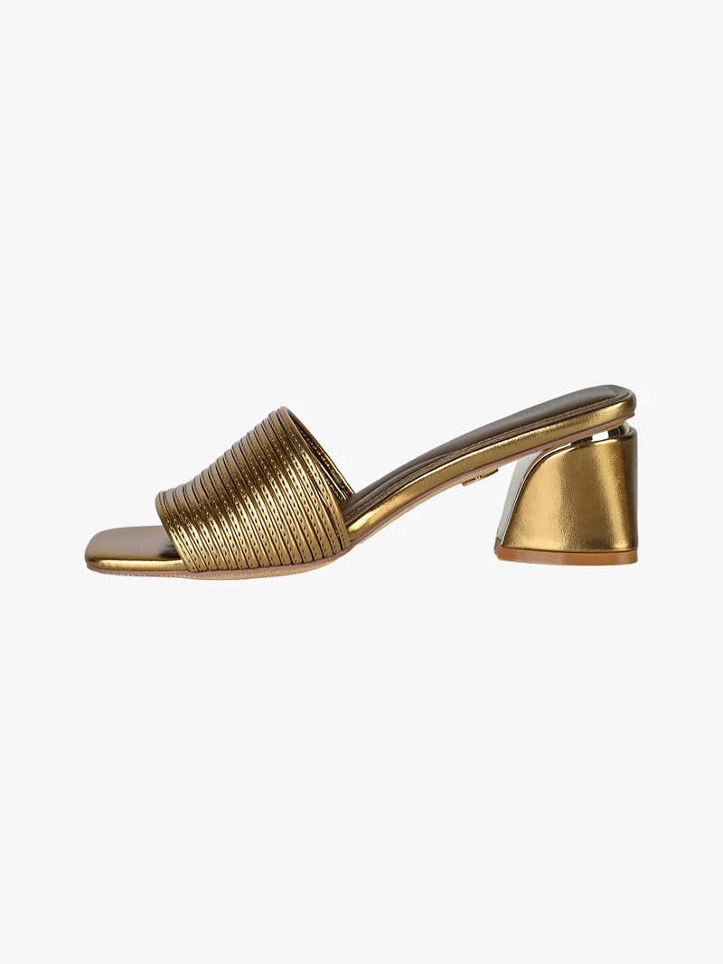Ciabatte donna con tacco largo a trapezio e fascia decorativa - oro