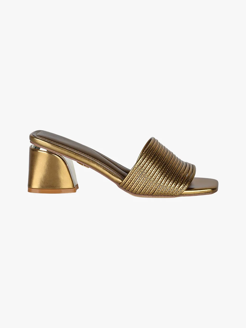 Ciabatte donna con tacco largo a trapezio e fascia decorativa - oro