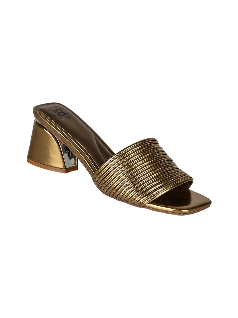 Ciabatte donna con tacco largo a trapezio e fascia decorativa - oro