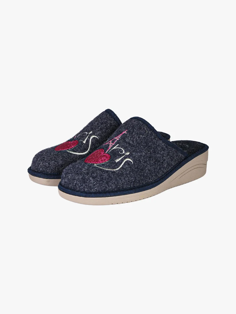 Pantofole donna in feltro con zeppa - blu scuro