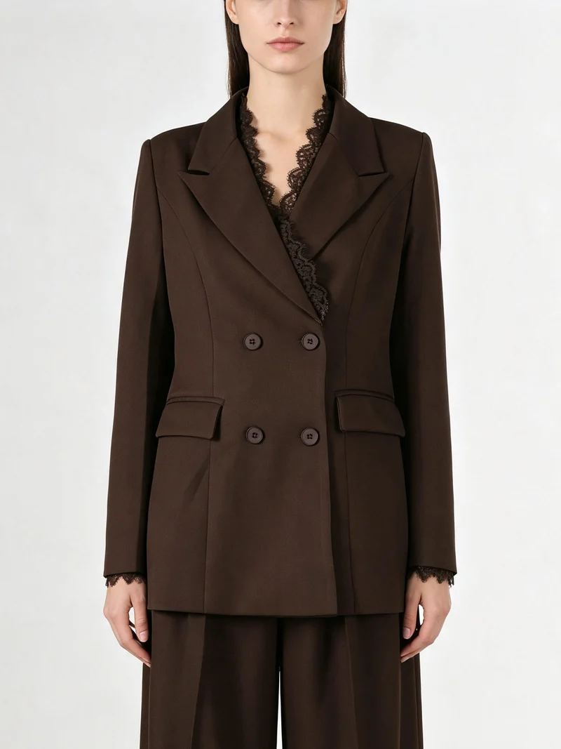 Blazer donna con chiusura a doppiopetto e dettagli in pizzo - moro