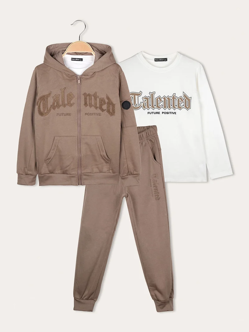 Completo 3 pezzi da bambino con cappuccio e zip - marrone