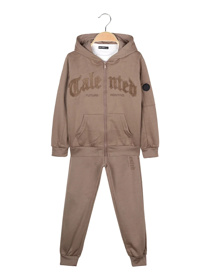 Completo 3 pezzi da bambino con cappuccio e zip - marrone