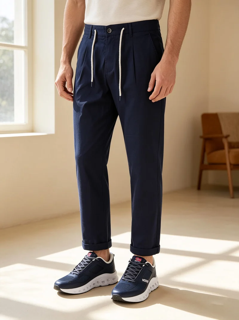 Pantaloni da uomo in misto lino e cotone - blu scuro