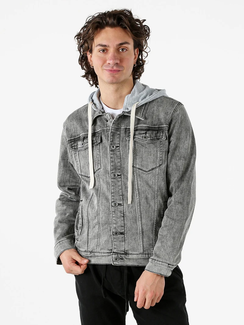 Giacca in jeans da uomo con cappuccio in felpa - grigio