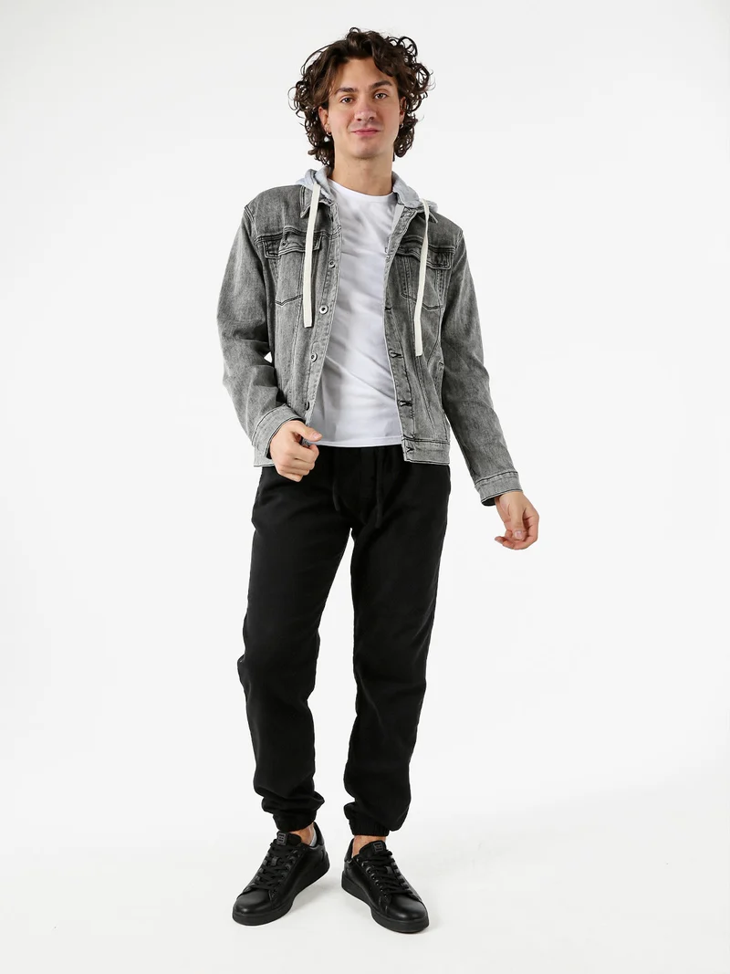 Giacca in jeans da uomo con cappuccio in felpa - grigio