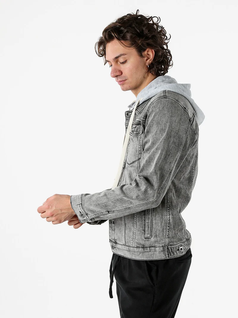 Giacca in jeans da uomo con cappuccio in felpa - grigio