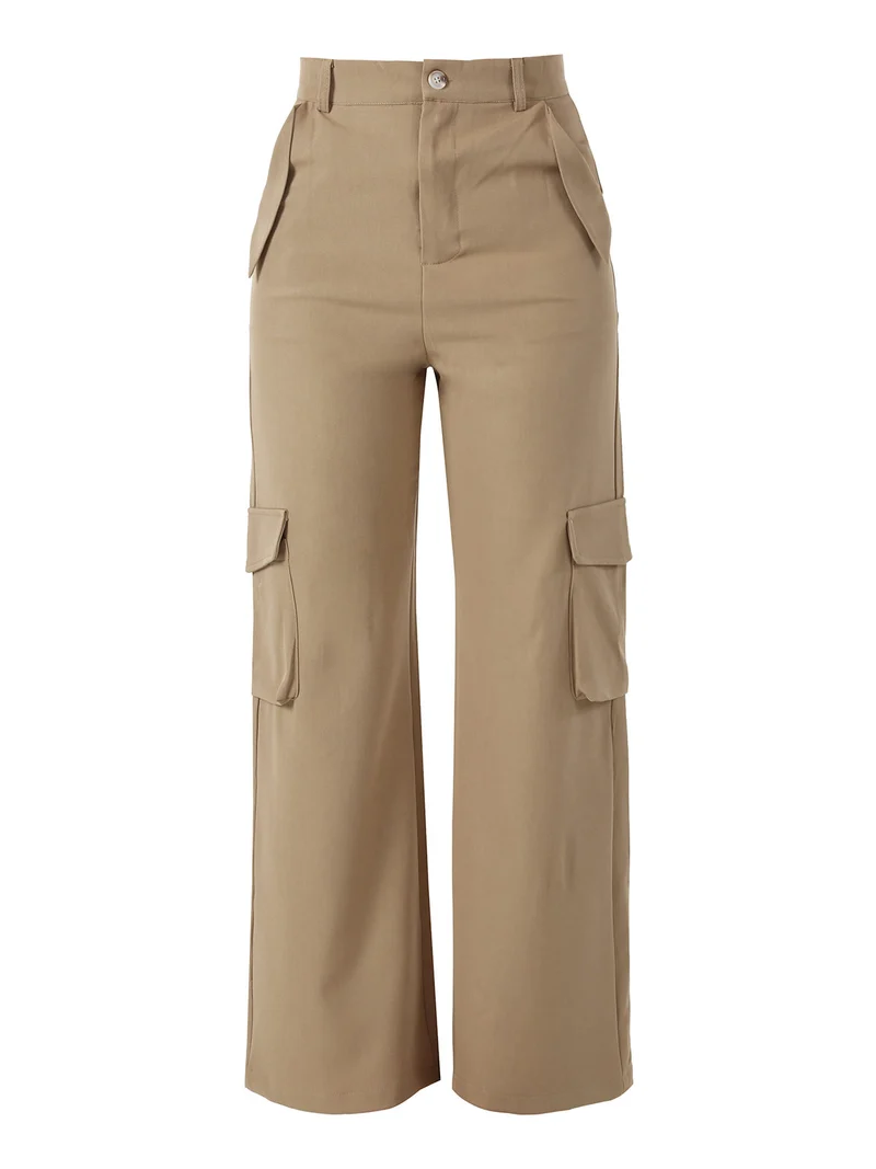 Pantaloni donna a palazzo con tasconi laterali - cammello
