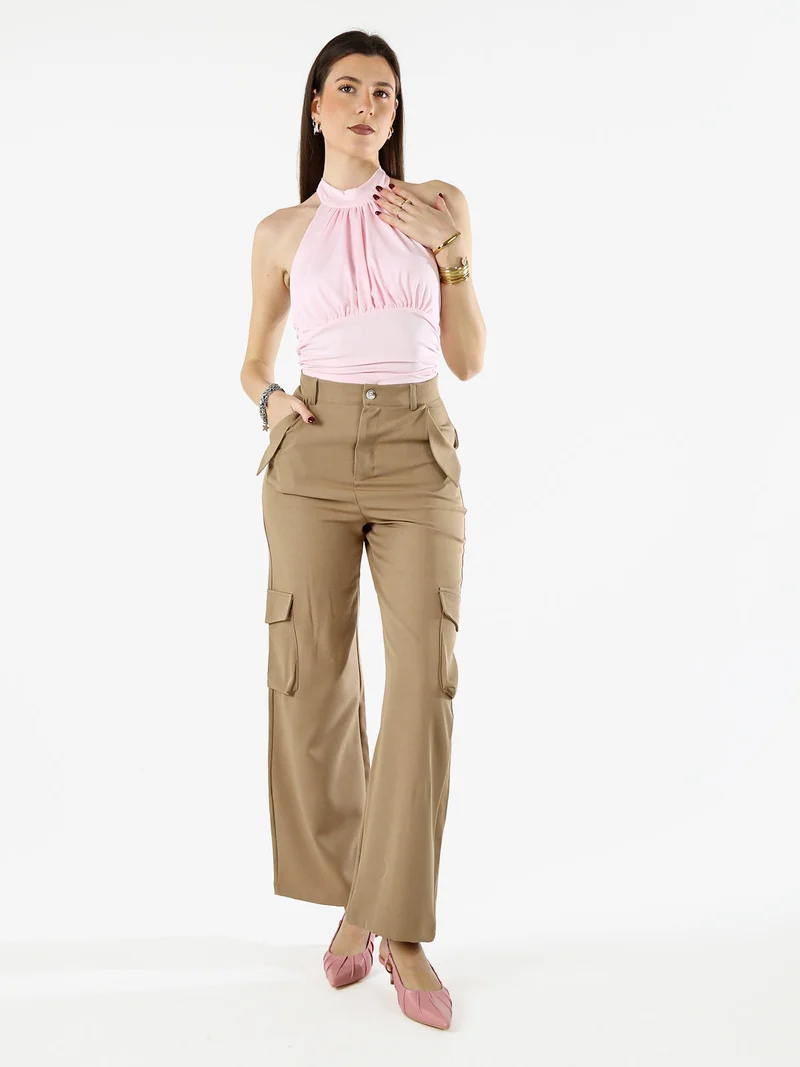 Pantaloni donna a palazzo con tasconi laterali - cammello