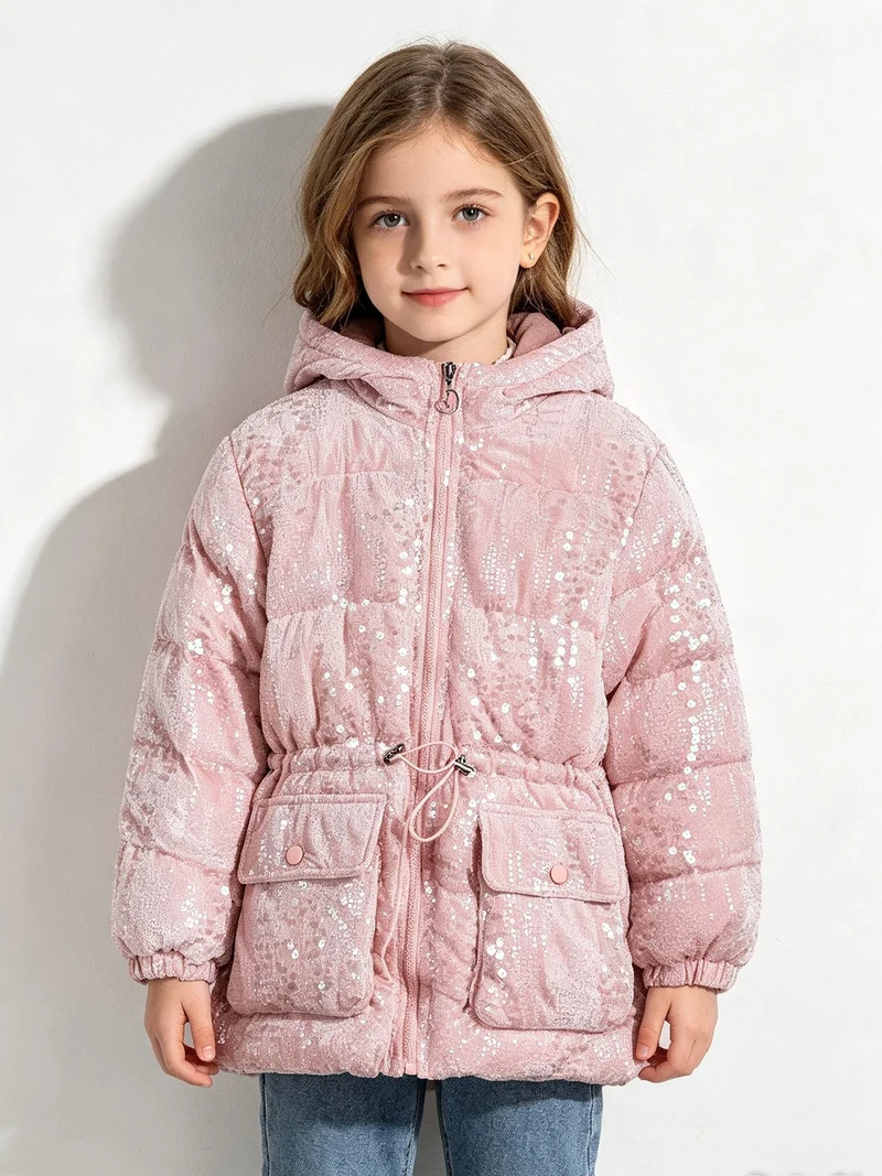 Giubbotto da bambina con paillettes e cappuccio - rosa