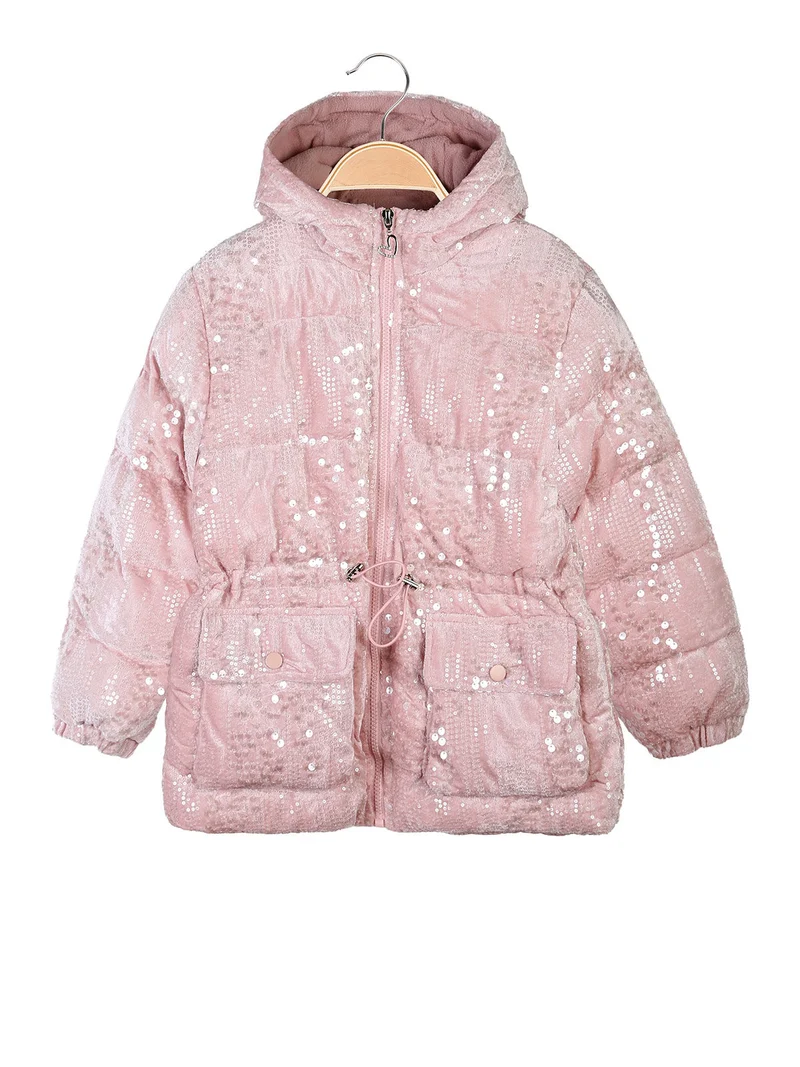 Giubbotto da bambina con paillettes e cappuccio - rosa