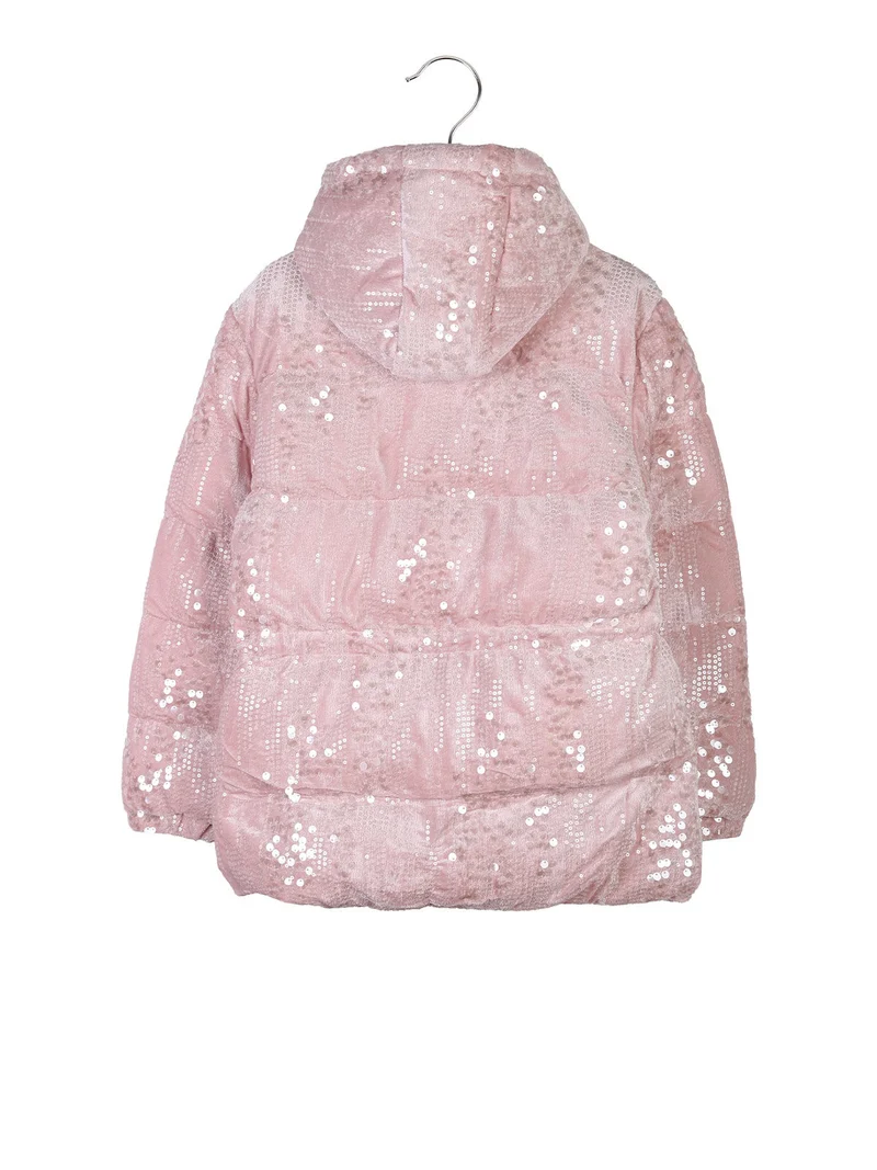 Giubbotto da bambina con paillettes e cappuccio - rosa