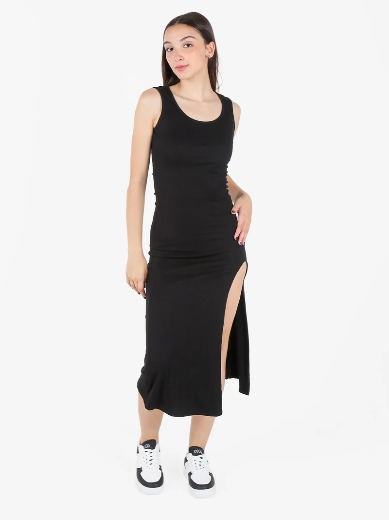 Vestito donna smanicato a costine con spacco - nero