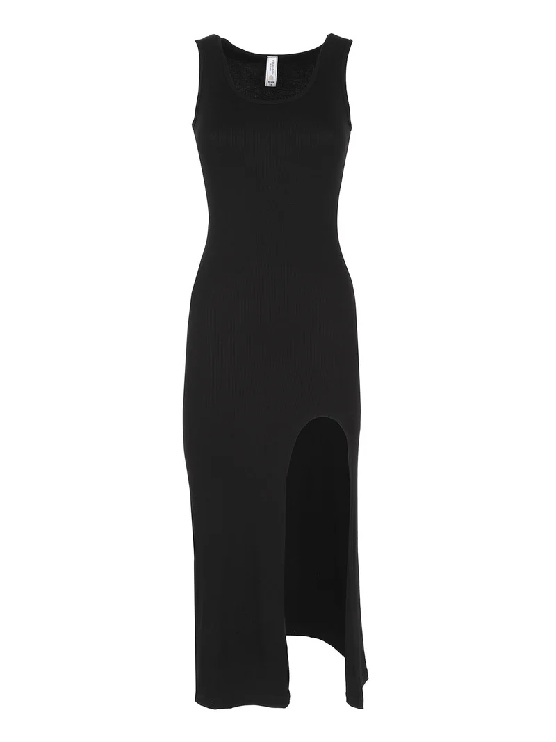 Vestito donna smanicato a costine con spacco - nero