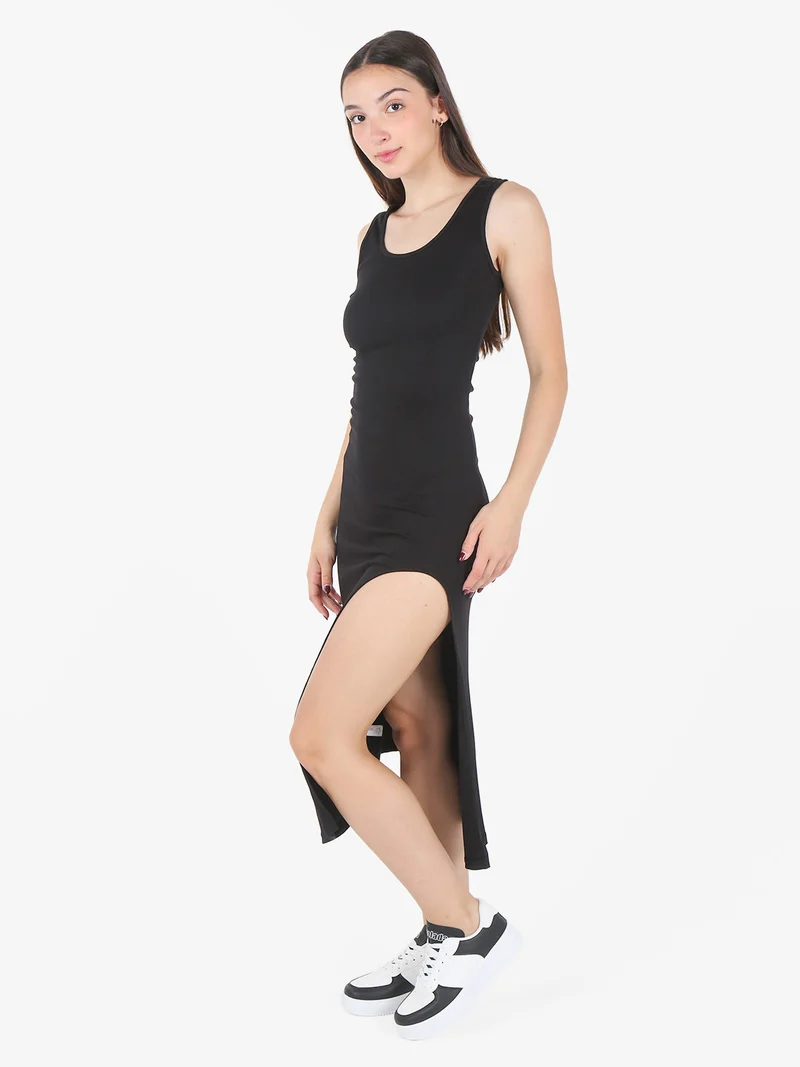 Vestito donna smanicato a costine con spacco - nero