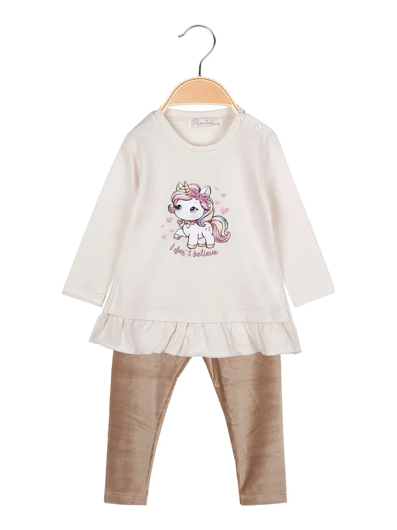 Completo lungo da neonata con maglietta e leggings in velluto a costine - beige