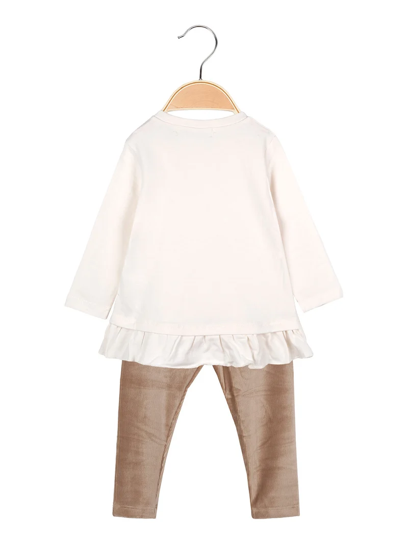 Completo lungo da neonata con maglietta e leggings in velluto a costine - beige