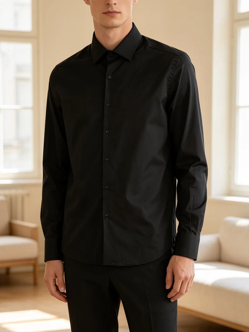 Camicia da uomo slim fit in cotone a maniche lunghe - nero