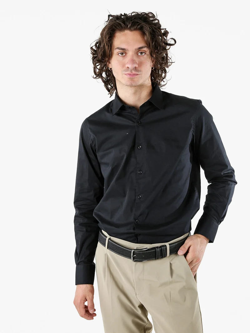 Camicia da uomo slim fit in cotone a maniche lunghe - nero