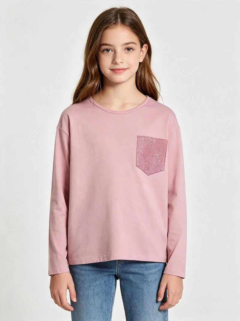T-shirt da ragazza a maniche lunghe con finto taschino di strass - rosa