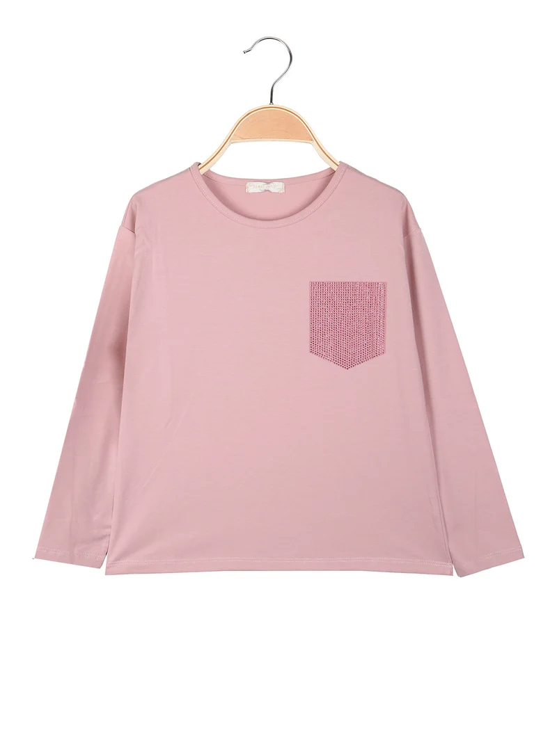 T-shirt da ragazza a maniche lunghe con finto taschino di strass - rosa