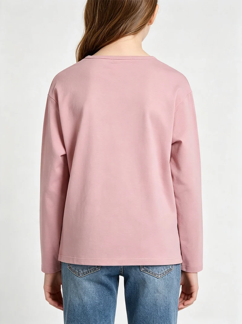 T-shirt da ragazza a maniche lunghe con finto taschino di strass - rosa